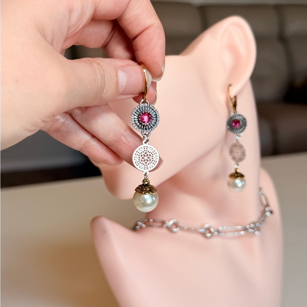 Pearl Drop Dangle Earrings with Pink Crystal Accent - Picture 5 of 9